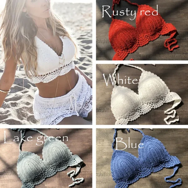 Micro Bikini  Women Handmade Crochet Knit Swimwear Halter Patchwork Bathing Suit Swimsuit Biquini Thong Bikini traje de bano - Image 2